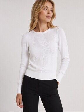 Reiss Bonita Off White Woven Jacquard Texture Knit Puff Shoulder Chic Sweater